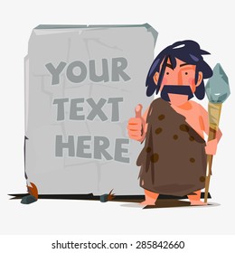 caveman with huge stone to replace your text. stone age concept - vector illustration 