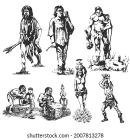 Caveman Human Pack Sketch Drawing Vector Illustration.