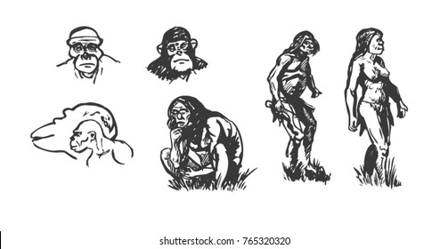 Caveman Human Pack Sketch Drawing Vector Illustration.	