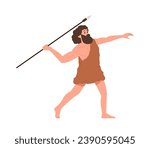 Caveman hunter cartoon character wearing tribal clothing running with ancient spear weapon