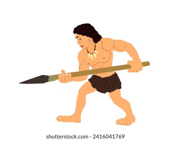 Caveman hunter hunting with spear vector illustration isolated on white background. Stone age savage man hunt wild animal. Neanderthal strong boy. Prehistoric symbol human evolution scene. 