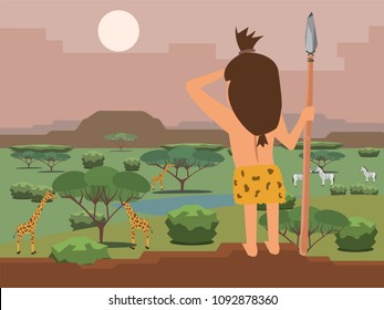 caveman hunter looks out for prey, young boy with stone spear standing on cliff and watching valley with animals vector cartoon illustration