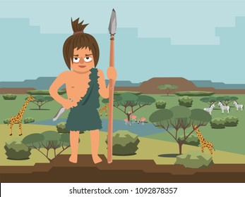 caveman hunter on savannah landscape background