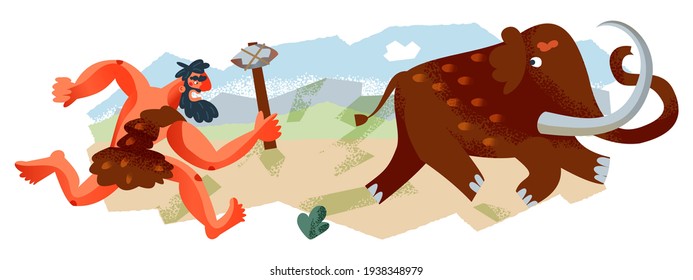 Caveman hunting mammoth in Stone Age. Prehistoric ancient history vector illustration. Man running after animal with axe to get food. Savage hunter in nature. Horizontal scene.