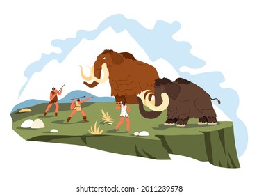 Caveman Jagd auf Mammut, Gruppe von Menschen versuchen Säugetiere für Fleisch und Fell zu töten. Überleben und Evolutionsprozess, neanderthalische Zivilisation. Historische Periode. Vektorgrafik auf Flach-Art