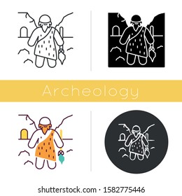 Caveman Icon. Prehistoric Man With Beard. Primeval Hunter With Spear. Neanderthal In Old Age. Ancestor Standing With Weapon. Flat Design, Linear And Color Styles. Isolated Vector Illustrations