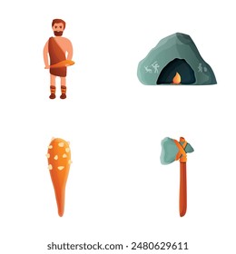 Caveman icons set cartoon vector. Prehistoric primitive man with weapon. Stone age