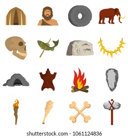 Caveman icons set. Flat illustration of 16 caveman vector icons isolated on white background