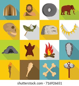 Caveman icons set. Flat illustration of 16 caveman vector icons for web