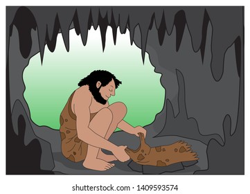 caveman inside a cave preparing his clothes vector illustration