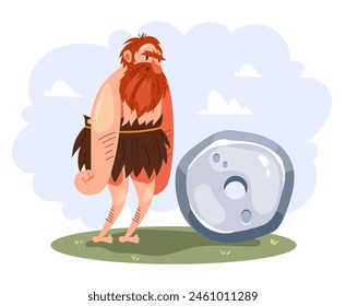 Caveman inventa el concepto aislado de la rueda de piedra. Ilustración de dibujos animados de Diseño gráfico plano de Vector