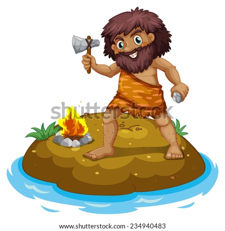 A caveman in the island on a white background 