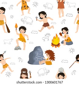 Caveman kids vector primitive children character and prehistoric child with stoned weapon on mammoth illustration set of ancient boy or girl in stone age isolated on white background