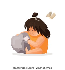 caveman faz algo com pedra. Uma mulher ou um homem neandertal com um machado está tentando lascar uma pedra. Um pássaro voa por perto. Ilustração vetorial sobre fundo branco em estilo de desenho animado plano engraçado