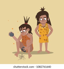 caveman making fire while cave woman watching skeptically,  vector cartoon illustration in flat style