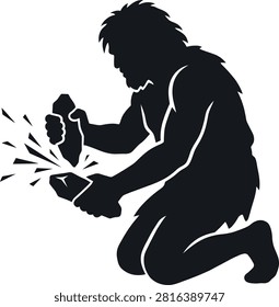 Caveman making stone tools, primitive, prehistoric, survival.