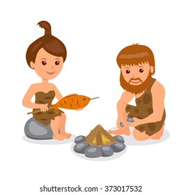 Caveman. Male kindles fire. Female cook the fish on the fire. Isolated character prehistoric people on a white background.