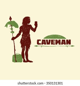 Caveman With Mobile Phone, Bags And Food