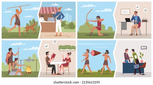 Caveman and modern people lifestyle evolution vector illustration. Cartoon prehistoric stone age wild hunters hunting, cooking food on fire, young man woman characters meet on date or work background