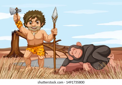 Caveman and monkey in the field illustration