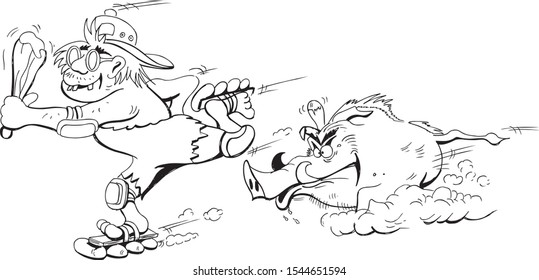 A caveman on inline skate escapes a wild boar. Vector graphic illustration