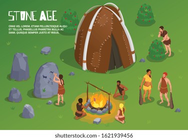 Caveman prehistoric primitive people background with editable text and outdoor stone age scenery with ancient tribe vector illustration