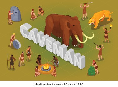 Caveman pré-histórico composição de pessoas primitivas com texto 3d cercado por personagens humanos isolados com animais selvagens ilustração vetorial