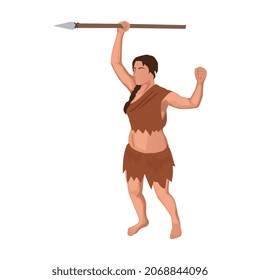Caveman prehistoric primitive people composition with isolated character of ancient woman armed with spear pike vector illustration