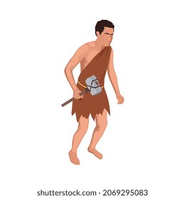 Caveman prehistoric primitive people composition with isolated character of ancient man holding hammer made of stone vector illustration