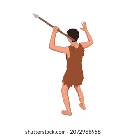 Caveman prehistoric primitive people composition with isolated character of ancient man armed with spear vector illustration