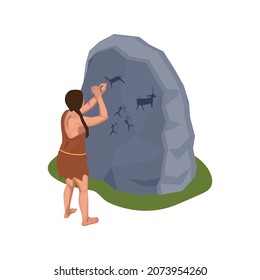 Caveman Prehistoric Primitive People Composition With Isolated Character Of Woman Carving Drawings Of Animals On Stone Vector Illustration