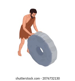 Caveman prehistoric primitive people composition with isolated character of ancient man pulling stone wheel vector illustration