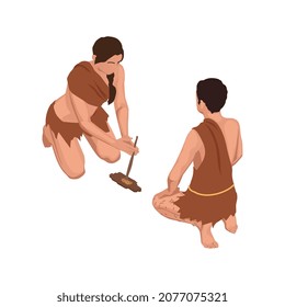Caveman composición prehistórica de personas primitivas con personajes aislados de personas antiguas obteniendo luz mediante llamativa ilustración vectorial de piedra