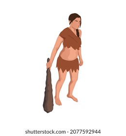 Caveman prehistoric primitive people composition with isolated character of ancient woman armed with jawbone vector illustration