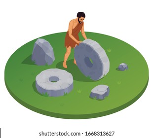 Caveman prehistoric primitive people round isometric composition with ancient human character trundling wheel made of stone vector illustration