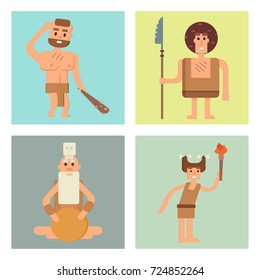 Caveman primitive stone age cards cartoon neanderthal people character evolution vector illustration.