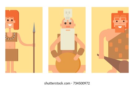 Caveman primitive stone age cards cartoon neanderthal people character evolution vector illustration.