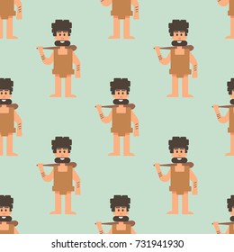 Caveman primitive stone age cartoon neanderthal seamless pattern background people character evolution vector illustration.