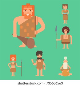 Caveman primitive stone age cartoon neanderthal people character evolution vector illustration.