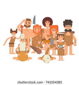 Caveman Primitive Stone Age Cartoon Neanderthal People Character Evolution Vector Illustration.