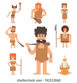 Caveman primitive stone age cartoon neanderthal people character evolution vector illustration.