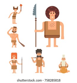 Caveman primitive stone age cartoon neanderthal people character evolution vector illustration.