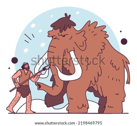 Caveman with primitive weapon hunting a big mammoth. Prehistoric hunter with a spear. Human evolution theory. Humanity ancestors, anthropology studying concept. Flat vector illustration