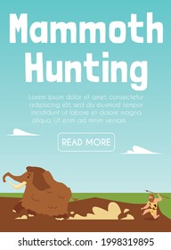 Caveman mit primitivem Waffenspeer jagt Mammut. Szene aus dem Leben der prähistorischen Höhle Mann im Steinalter. Vektorgrafik. Poster mit Text.