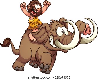 Caveman riding a mammoth. Vector clip art illustration with simple gradients. All in a single layer.