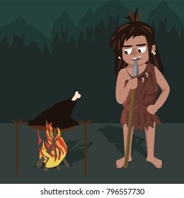caveman roasts meat at stake - funny vector cartoon illustration in flat style