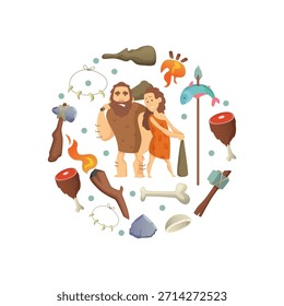 Hombre de las cavernas. forma redonda del fondo con personas salvajes de la cueva y diversas herramientas