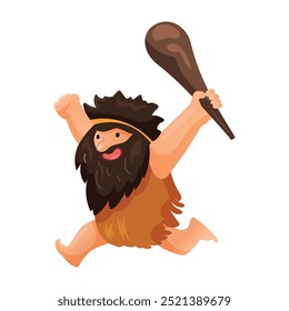 Hombre de las cavernas corriendo detrás de alguien con un club. Un neandertal en pieles y pelo largo corre gritando tras un animal