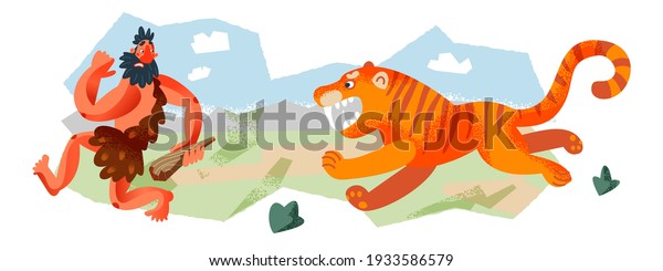 Caveman running from\
tiger in Stone Age set. Prehistoric ancient history vector\
illustration. Man running away from scary animal at hunt with\
stick. Savage hunter in\
nature.