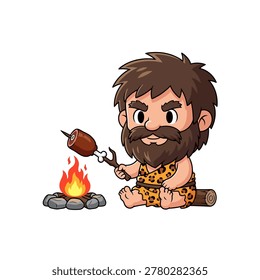 A caveman sits majestically on the ground next to an orange campfire, grilling meaty thighs on skewers. Flat vector mascot design.